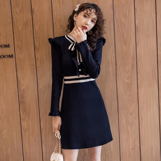 【Dress】低身長方おすすめ～人気Aライン配色リボン付き膝丈ニットワンピース  Z-4538