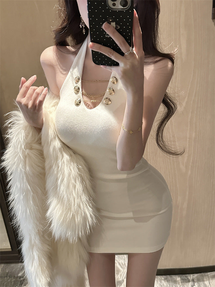 【Dress】チェーンデザインホルターネックドレス T01419
