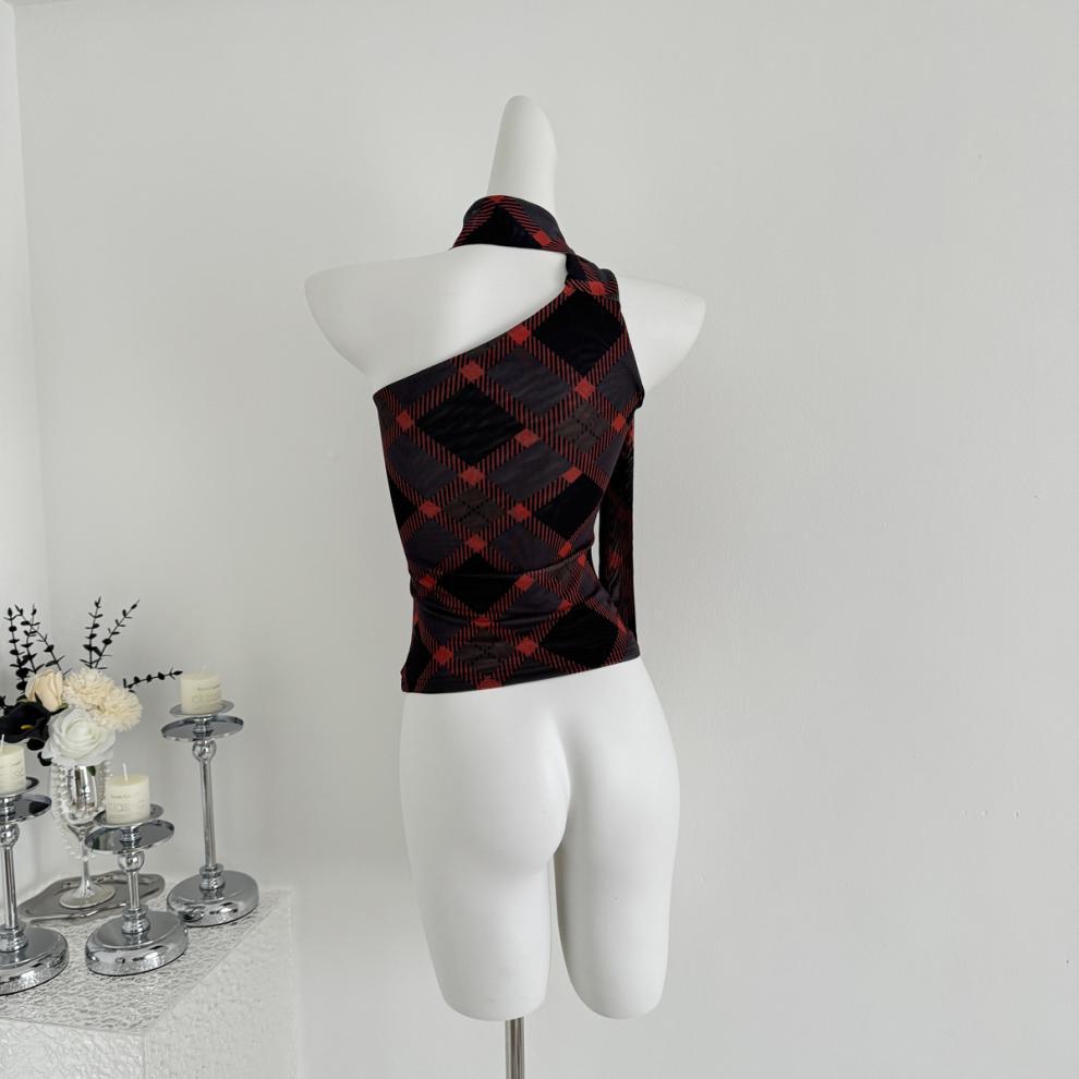 【Tops】チェック柄リボンネックホルダーベスト T01758