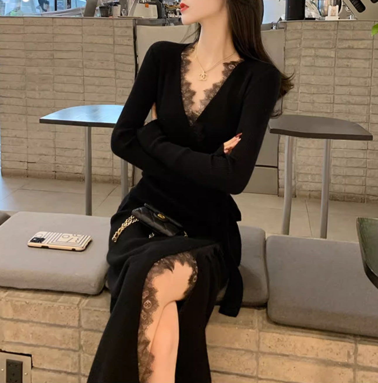 【Dress】レース切替ニットワンピース　Z7831