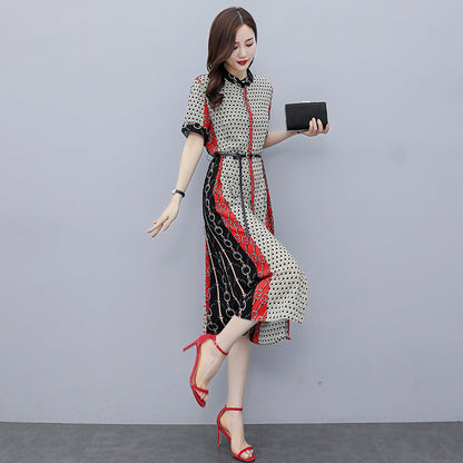【Dress】人気爆発中～フェミニン半袖ロング丈配色薄い夏シャツワンピース   W-6129