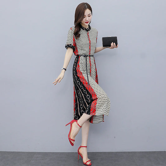【Dress】人気爆発中～フェミニン半袖ロング丈配色薄い夏シャツワンピース   W-6129