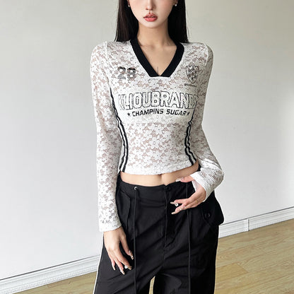 【Tops】ハイウエスト透かし彫りTシャツ T01221
