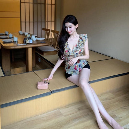 【Tops】フリル付きシフォン ウエストシェイプトップ T01759