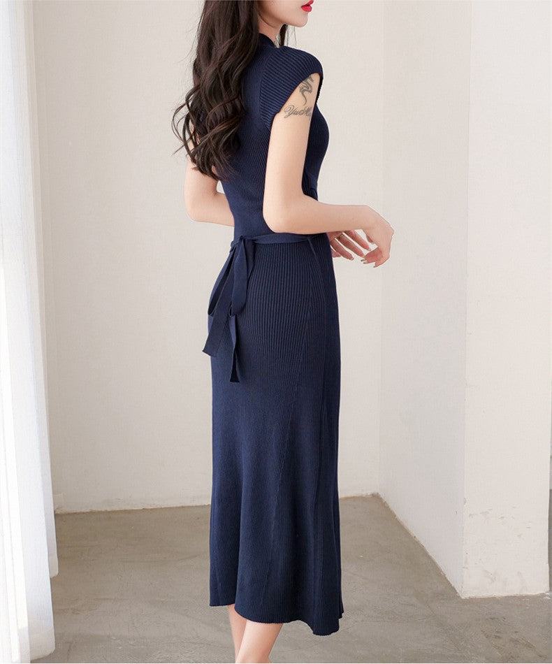 【Dress】新入荷～人気フェミニン無地Aライン膝丈ニットタイトワンピース　Z-5609