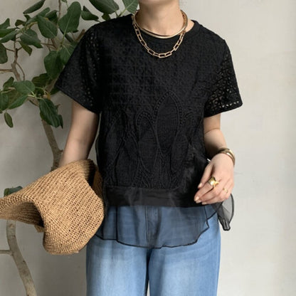 【Tops】スプライシングオーガンザTシャツ T01689