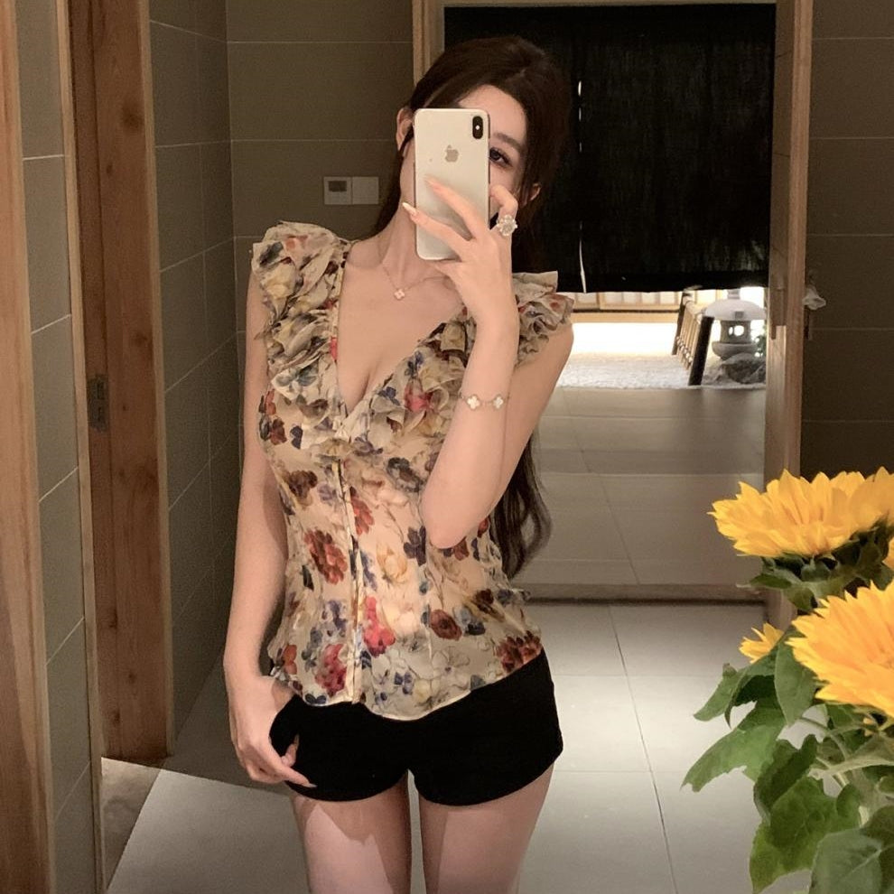 【Tops】フリル付きシフォン ウエストシェイプトップ T01759