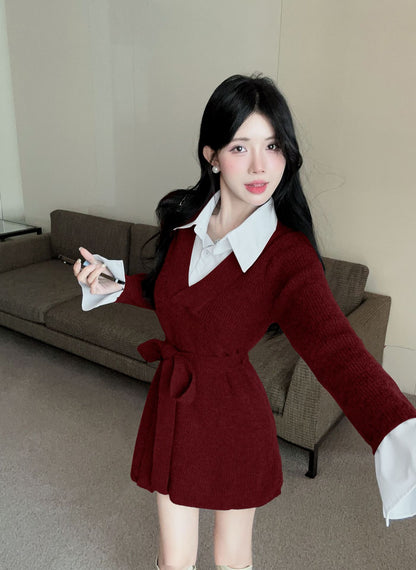 【Dress】フェイクレイヤードニットワンピース　Ｗ14432