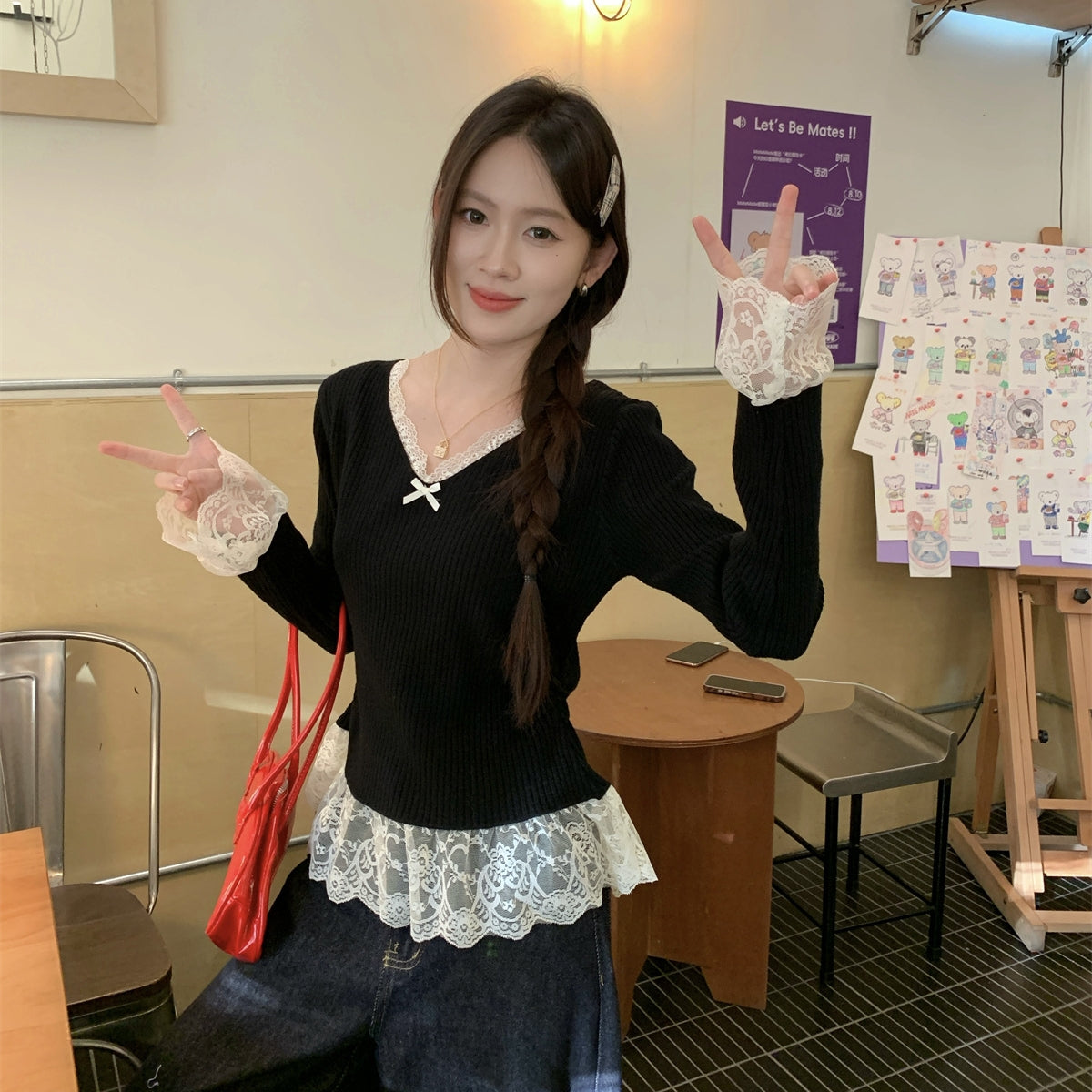 【Tops】レース切り替えベルスリーブトップ T01206