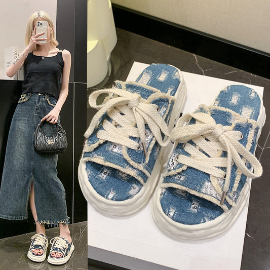 【Shoes】2色展開ヴィンテージ加工厚底スリッパ 　Ｗ11753