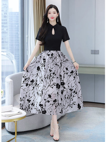 【Dress】超人気商品～オシャレ切替半袖ロング丈シャツワンピース体型カバー 　W-6658