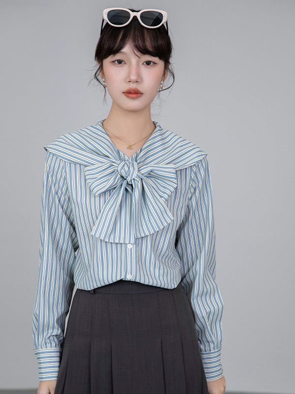 【Tops】リボンストライプシャツ T01609