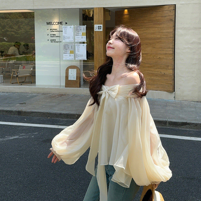 【Tops】リボン付きオフショルダーフリルシャツ T01854