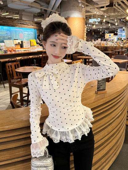 【Tops】レースドット柄Tシャツ T01351