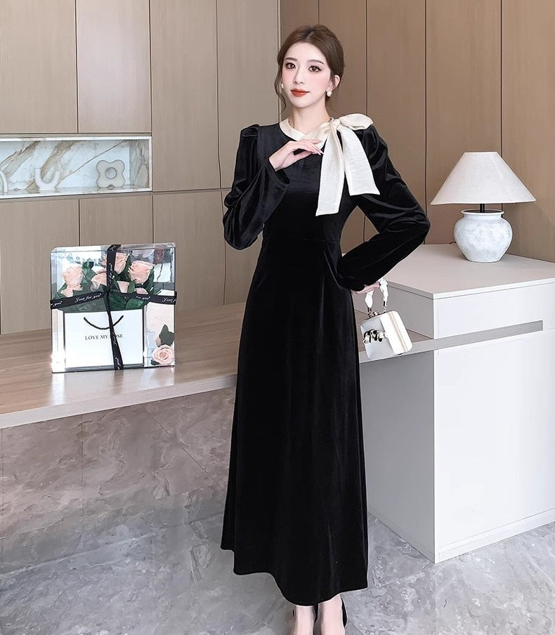 【Dress】ベルベットワンピース黒　Z8075
