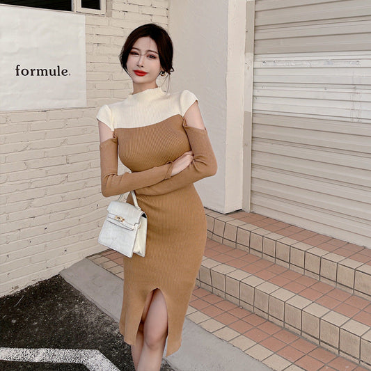 【Dress】肌触りいい肩見せロング丈配色ニットワンピース　Z-5791