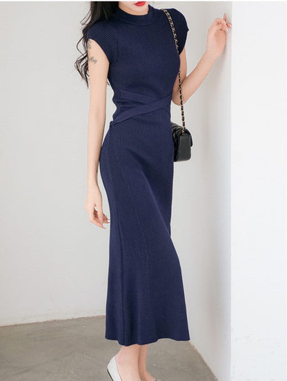 【Dress】新入荷～人気フェミニン無地Aライン膝丈ニットタイトワンピース　Z-5609