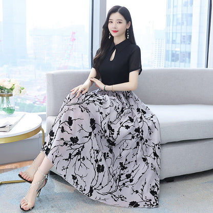 【Dress】超人気商品～オシャレ切替半袖ロング丈シャツワンピース体型カバー 　W-6658