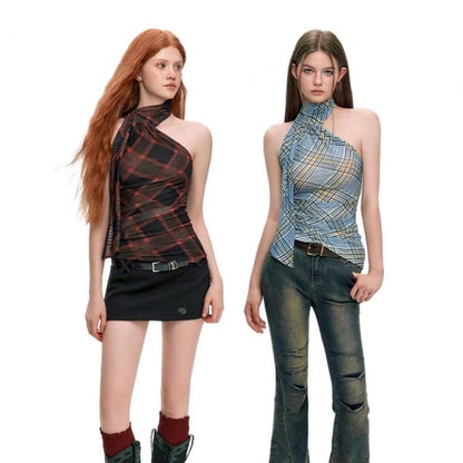 【Tops】チェック柄リボンネックホルダーベスト T01758