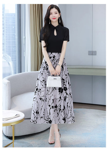 【Dress】超人気商品～オシャレ切替半袖ロング丈シャツワンピース体型カバー 　W-6658