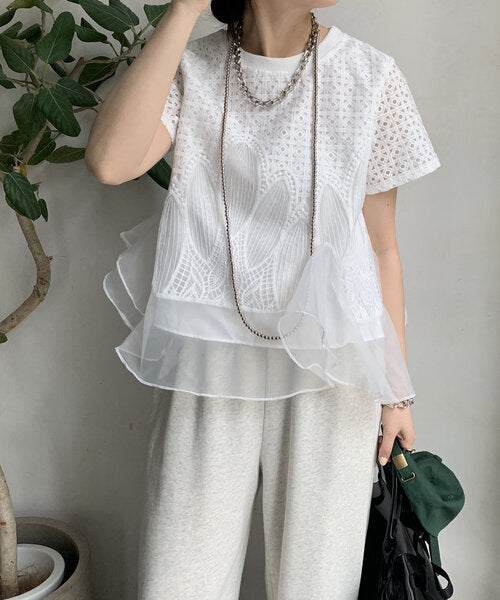 【Tops】スプライシングオーガンザTシャツ T01689