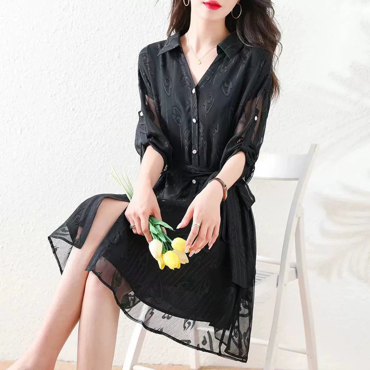 【Dress】着回し力抜群～長袖プリントシャツワンピース　 W7706