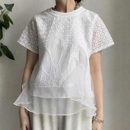 【Tops】スプライシングオーガンザTシャツ T01689