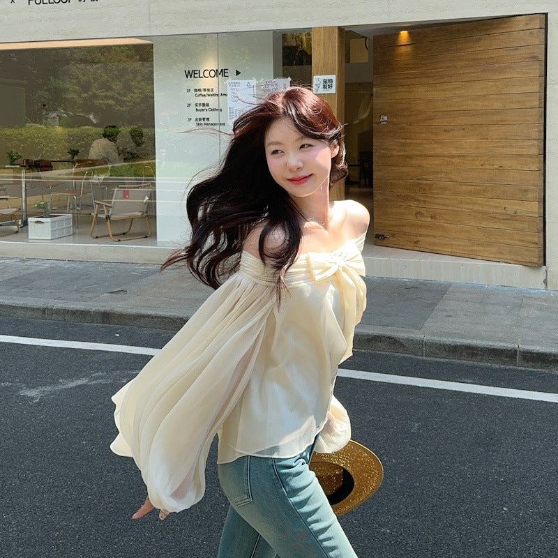 【Tops】リボン付きオフショルダーフリルシャツ T01854