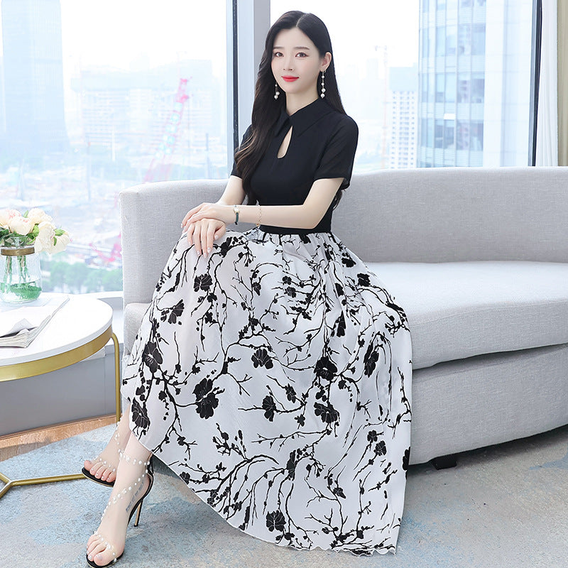 【Dress】超人気商品～オシャレ切替半袖ロング丈シャツワンピース体型カバー 　W-6658