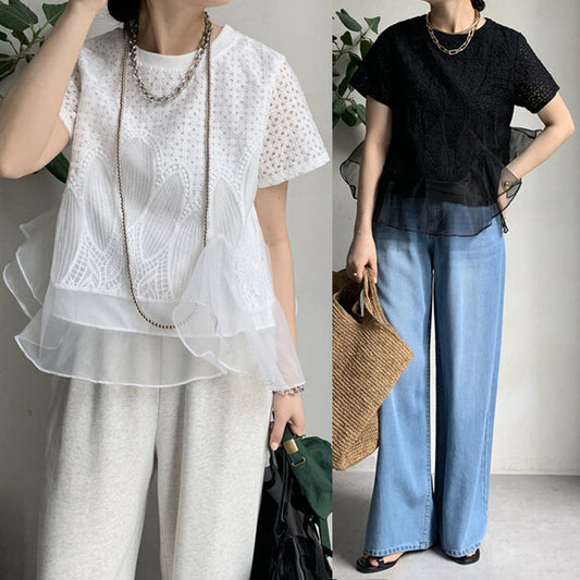 【Tops】スプライシングオーガンザTシャツ T01689