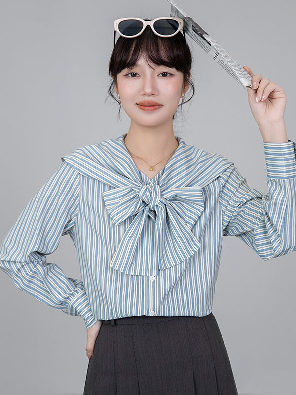 【Tops】リボンストライプシャツ T01609