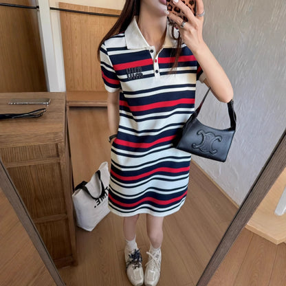 【Dress】POLOネックストライプワンピース  T01582