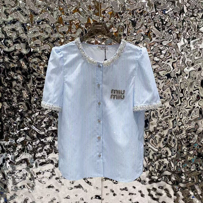 【Tops】ダイヤモンド装飾の半袖シャツ T01649