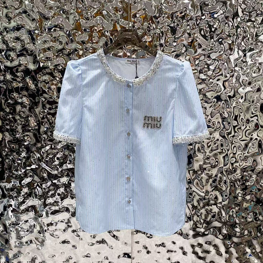 【Tops】ダイヤモンド装飾の半袖シャツ T01649