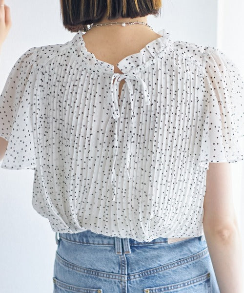 【Tops】ドット柄プリーツシフォンシャツ T01692