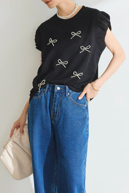 【Tops】リボンビーズTシャツ T01680