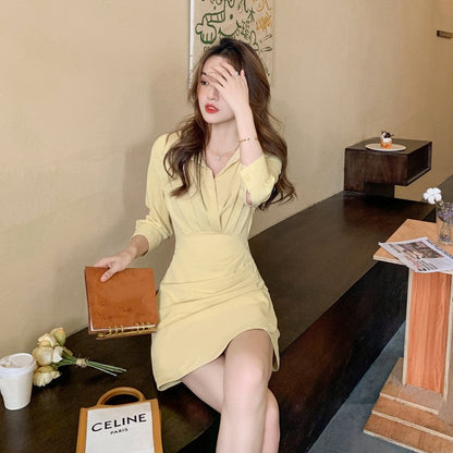 【Dress】低身長方おすすめ半端スリーブ膝丈シャツワンピース　　Z-5673