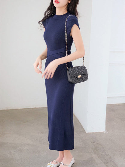 【Dress】新入荷～人気フェミニン無地Aライン膝丈ニットタイトワンピース　Z-5609