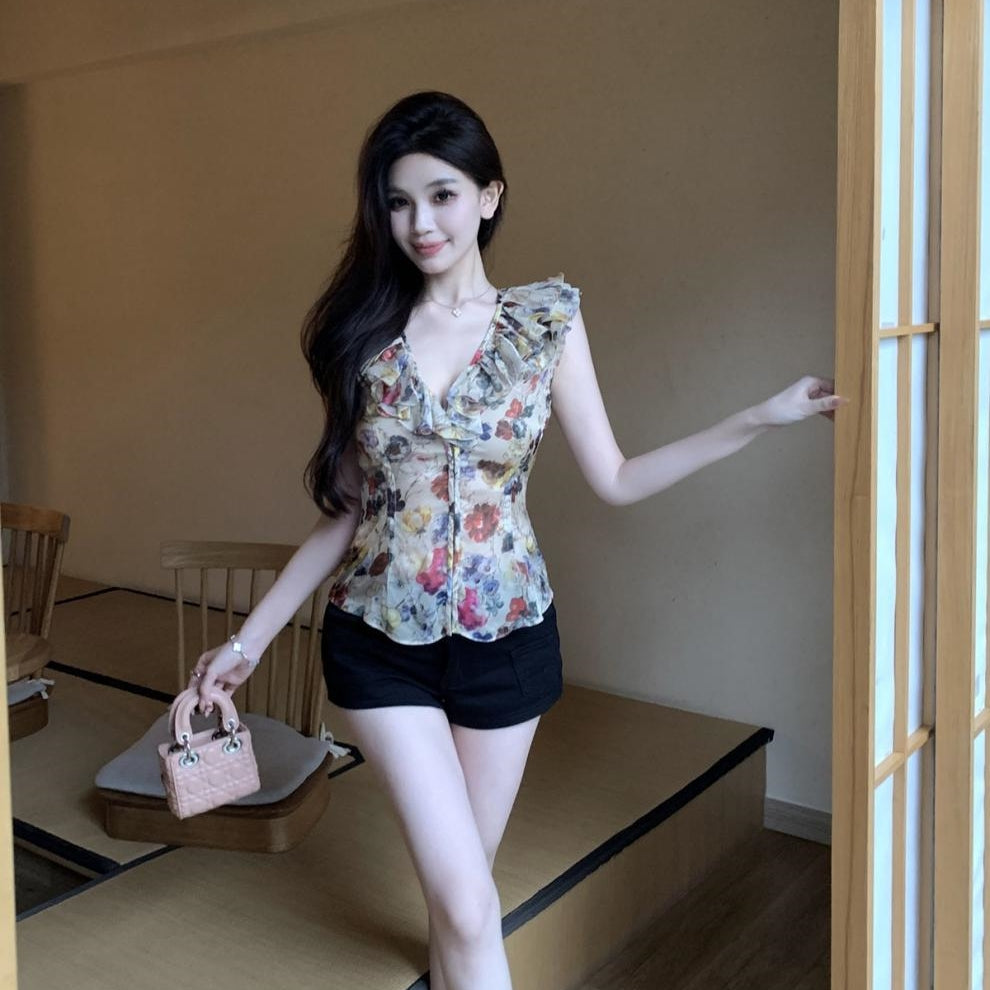 【Tops】フリル付きシフォン ウエストシェイプトップ T01759