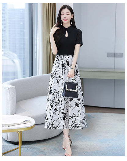 【Dress】超人気商品～オシャレ切替半袖ロング丈シャツワンピース体型カバー 　W-6658