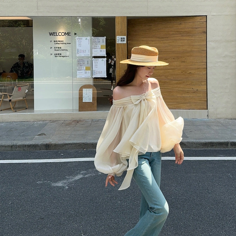 【Tops】リボン付きオフショルダーフリルシャツ T01854