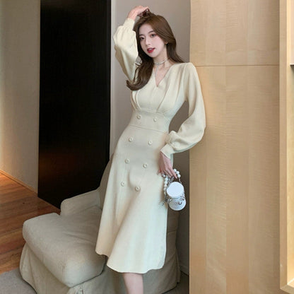 【Dress】合わせやすい～Aライン長袖Ｖネックワンピース　W7835