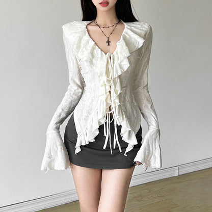 【Tops】VネックフリルTシャツ T01223
