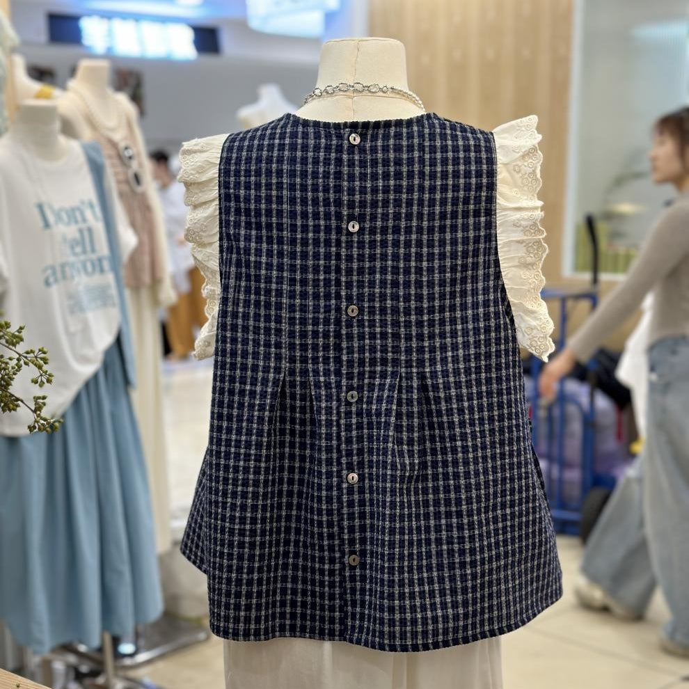 【Tops】チェック柄フリルブラウス T01834