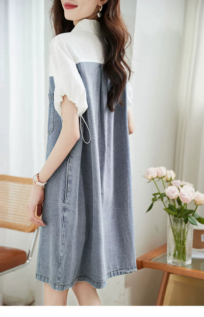 【Dress】大人カジュアル～半袖デニム切り替えシャツワンピース   W7708