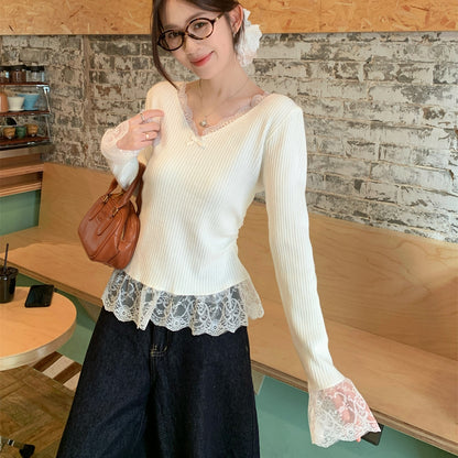 【Tops】レース切り替えベルスリーブトップ T01206