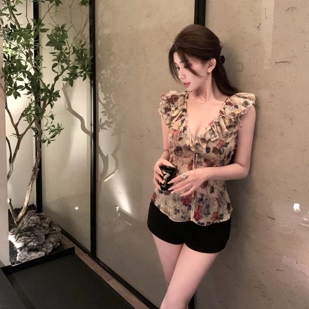 【Tops】フリル付きシフォン ウエストシェイプトップ T01759