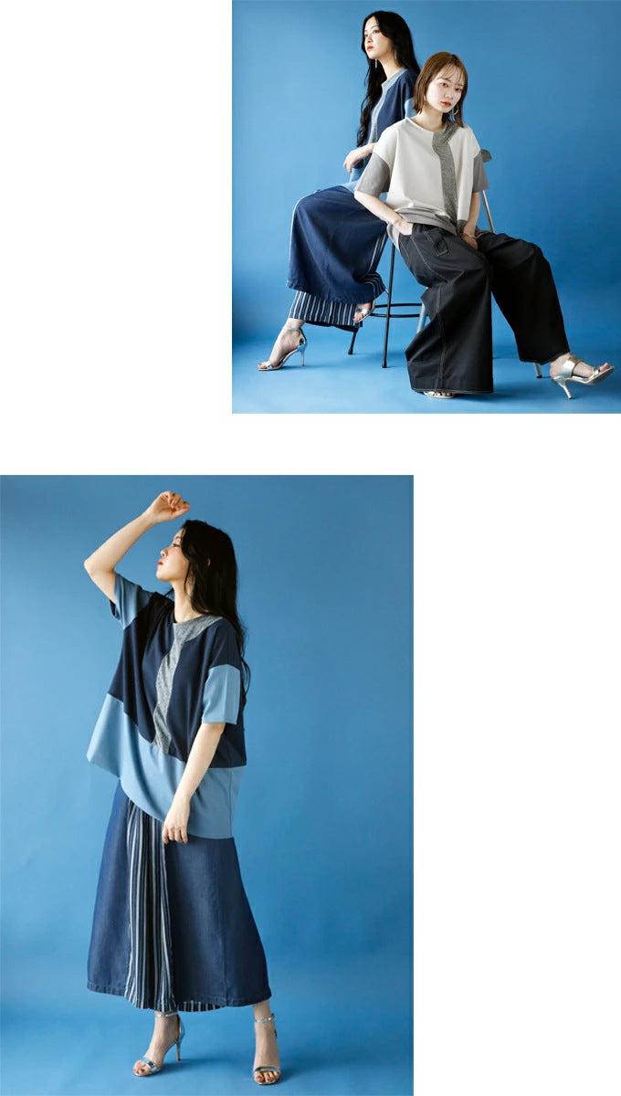 【Bottoms】ストラップ切り替えデニムパンツ T01683