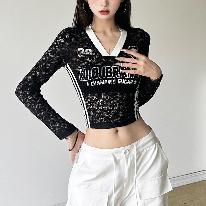 【Tops】ハイウエスト透かし彫りTシャツ T01221