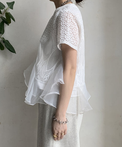 【Tops】スプライシングオーガンザTシャツ T01689